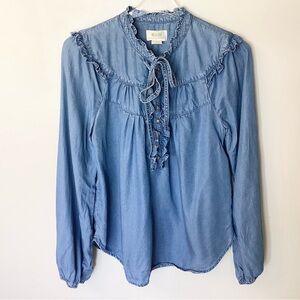 Anthropologie Long Sleeve Ruffle Henley Chambray Top by Maeve - Blue - S